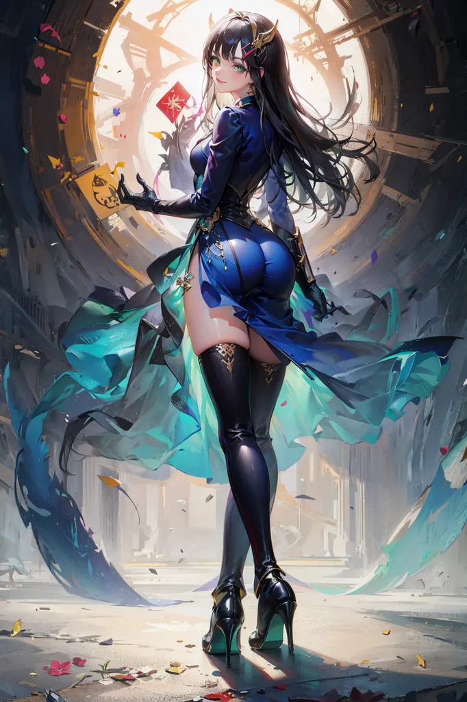 The image is of a beautiful anime girl with long black hair and green eyes. She is wearing a blue and black cheongsam-style dress with a high slit, black gloves, and black boots with high heels. She is standing in a large, ornate room with a clock on the wall behind her. There are also several red and pink objects floating in the air.