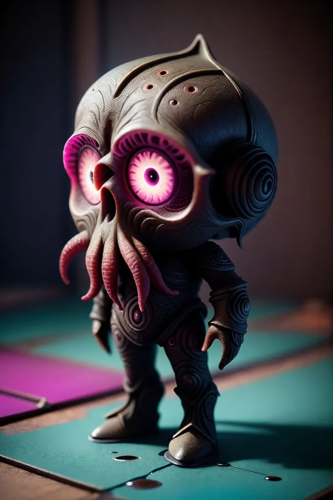 The image shows a figurine of a creature with a skull-like head and large, pink eyes. The creature is wearing a suit of armor and has tentacles protruding from its mouth. It is standing on a green and purple surface. The background is dark and out of focus.