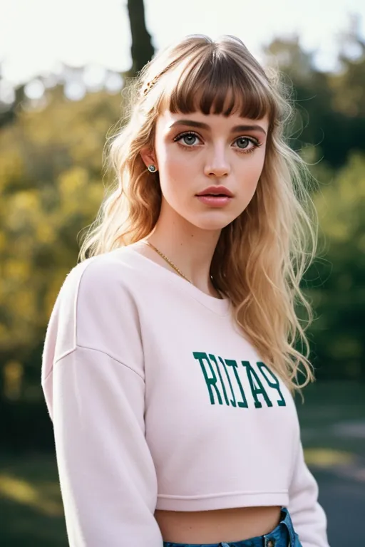 The image shows a young woman with long blonde hair and bangs. She is wearing a white cropped sweatshirt with the word "RUTAS" in green letters on the front. The sweatshirt is slightly off her shoulders, showing a hint of her collarbone. She is also wearing a pair of high-waisted jeans. The woman is standing in a park, with trees and bushes in the background. She is looking at the camera with a soft expression.