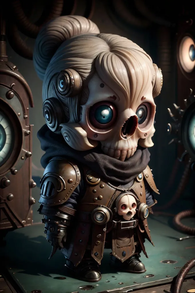 The image is a 3D rendering of a steampunk skeleton character. It is standing in a dark room, with a large machine in the background. The skeleton is wearing a brown leather jacket and a scarf around its neck. It has a skull for a head, with two large eyes and a mouth full of sharp teeth. The skeleton is also wearing a pair of goggles and a hat. It is standing in a relaxed pose, with one hand on its hip and the other hanging at its side.