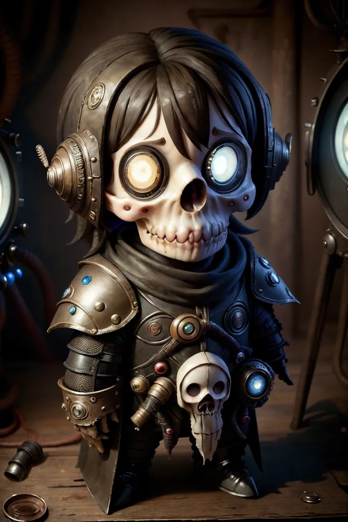 A imagem mostra um esqueleto infantil steampunk vestindo um colete de couro marrom e ombreiras. Ele tem um par de fones de ouvido na cabeça e um amuleto em forma de crânio em volta do pescoço. Há duas pequenas luzes na parede atrás dele.