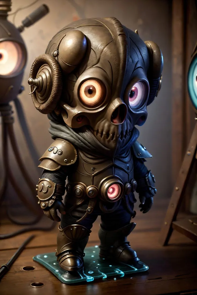 The image is a 3D rendering of a steampunk robot. It has a skull for a head with two glowing yellow eyes. It is wearing a brown metal helmet with a pair of goggles and a scarf around its neck. It has a pair of brown metal shoulder pads and a brown metal chest plate. It is also wearing a pair of brown metal boots. The robot is standing on a small platform with a glowing blue light on it. There is a wooden table to the left of the platform with a quill and inkwell on it. There is a large metal object with glowing blue lights on the table behind the robot.