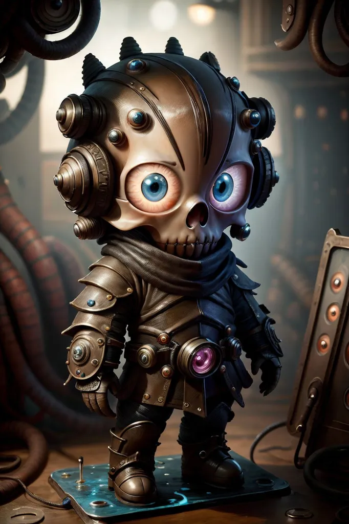 The image is of a steampunk robot. It has a skull for a head, with blue eyes and a mouth. It is wearing a brown and black suit of armor, with a purple gem on its chest. It is also wearing a pair of headphones. The robot is standing on a metal platform, and there are a number of steampunk accessories around it.