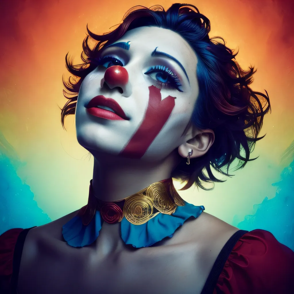 This image shows a woman with clown makeup on her face. She has a red nose, blue eyeshadow, and a red streak on her cheek. She is wearing a ruff around her neck and has a gold earring in her left ear. She has short dark hair and is looking up with her eyes closed. The background is a rainbow of orange, yellow, green, blue, and purple.