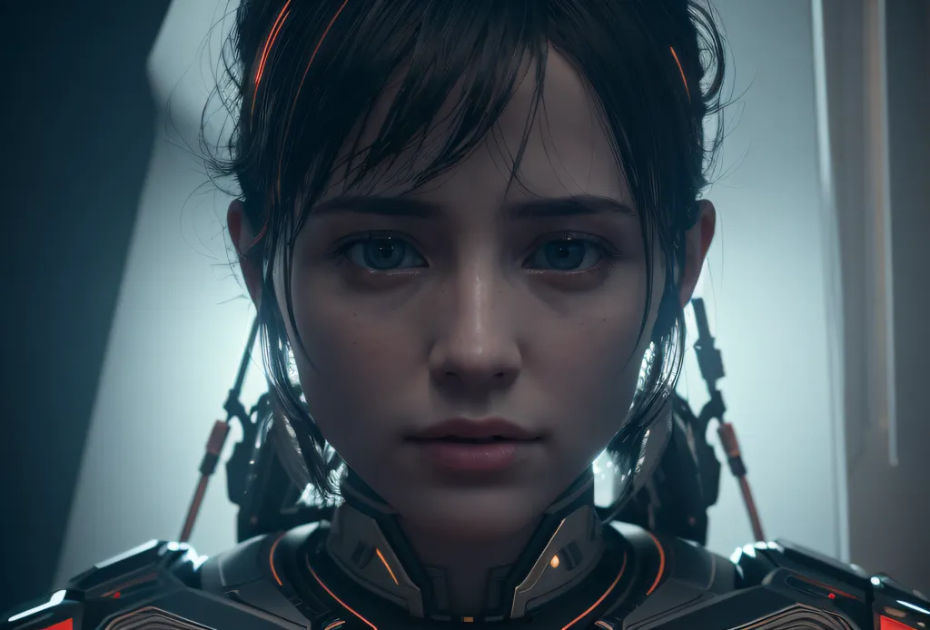 This is a picture of a young girl. She has short brown hair and blue eyes. She is wearing a black and orange suit of armor. The armor has orange lights on it. She is looking at the camera with a sad expression on her face.