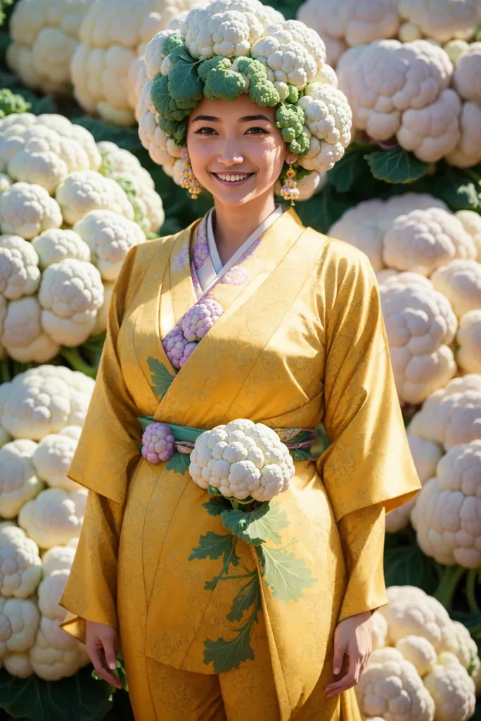 La imagen muestra a una mujer joven que lleva un kimono japonés tradicional. El kimono es amarillo con un patrón floral. También lleva un tocado grande hecho de coliflor blanca. La mujer está de pie en un campo de coliflor blanca. Está sonriendo y parece feliz.