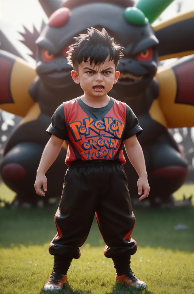 A imagem mostra um menino jovem em pé em um campo, com um grande personagem inflável do Pokémon atrás dele. O menino está usando uma camisa vermelha e preta, calças pretas e sapatos pretos. Ele tem os punhos cerrados e parece pronto para lutar. O personagem do Pokémon atrás dele é grande e tem a boca aberta, parecendo pronto para atacar. O fundo é um campo verde com árvores ao fundo.