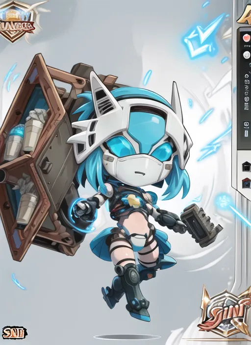 The image shows a character named "Sini" from the mobile game "Unison League". She is depicted as a young girl with blue hair and eyes, wearing a white and blue bodysuit with a large backpack and a pair of guns. She has a determined expression on her face and is surrounded by blue energy effects. The background is white with a blue gradient at the bottom.