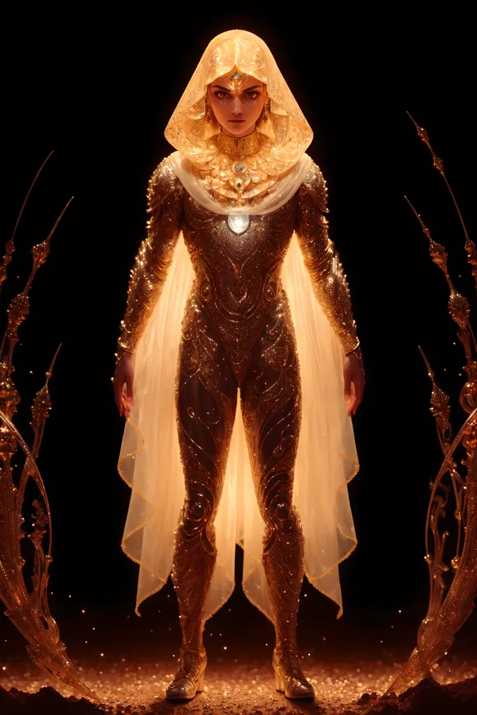 This image shows a woman wearing a golden bodysuit with a hood. The bodysuit has intricate designs and appears to be made of some kind of metal. The woman is also wearing a cape that is attached to the bodysuit at the shoulders. The cape is made of a white material and is flowing behind her. The woman's face is partially obscured by the hood, but her eyes are visible. She has a determined expression on her face. The background of the image is dark, with a spotlight shining down on the woman.