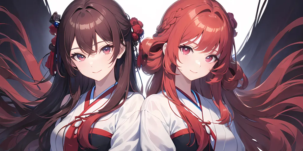 L'image montre deux filles de style anime avec de longs cheveux. La fille de gauche a les cheveux bruns et les yeux rouges, tandis que la fille de droite a les cheveux rouges et les yeux rouges. Elles portent toutes les deux des kimonos blancs avec des écharpes rouges et ont des fleurs rouges dans les cheveux. Elles se tiennent devant un fond blanc avec un dégradé sombre en bas.