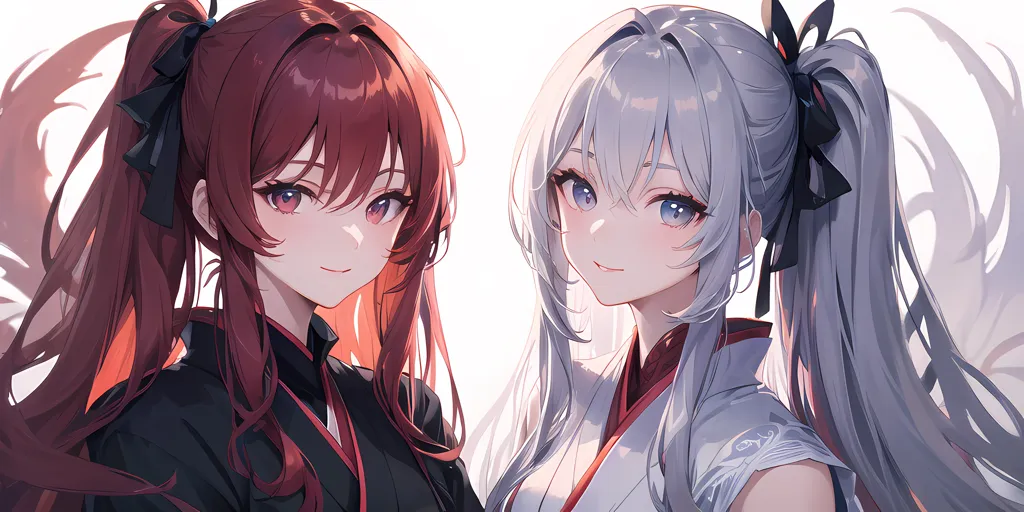 The image shows two anime girls with long hair. The girl on the left has twin red ponytails and red eyes. She is wearing a black kimono with red accents and a white obi. The girl on the right has twin white ponytails and blue eyes. She is wearing a white kimono with a gray obi. Both girls are smiling.