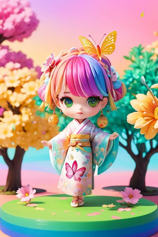 The image contains a cute anime girl with rainbow hair wearing a kimono. The kimono is white with a pink and blue floral pattern and a butterfly pattern on the obi. The girl is also wearing butterfly earrings. There are four butterflies around her, one on her head, one on her shoulder, and two flying in the air. The girl is standing on a green platform surrounded by pink and yellow flowers. The background is a pink and blue sky with cherry blossoms. The image is very colorful and cute.