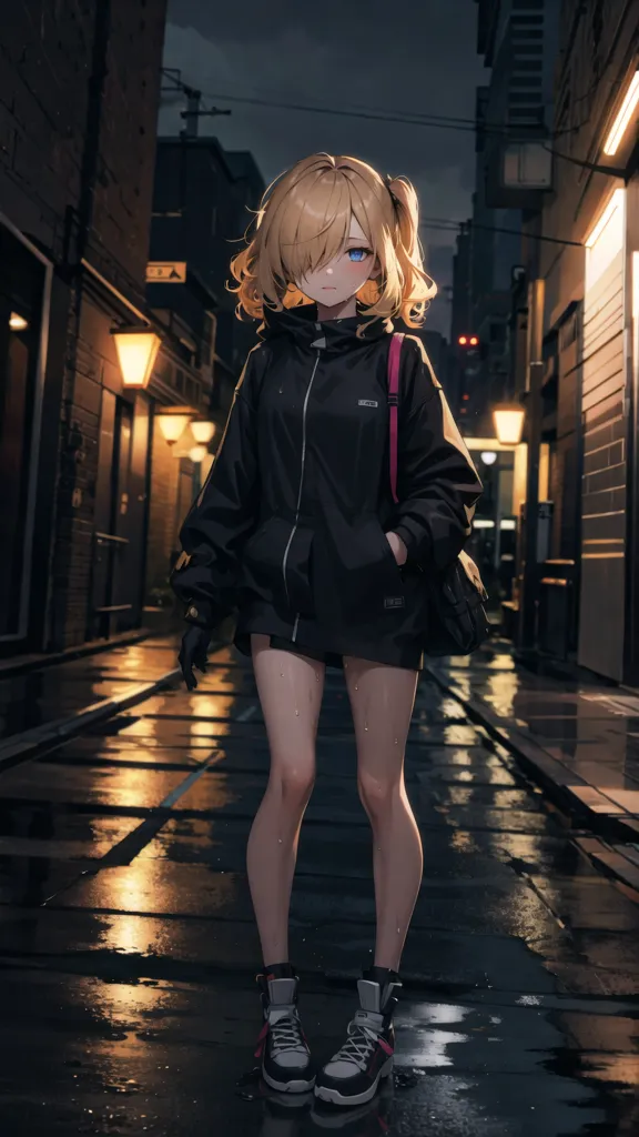 The image is a digital painting of a young woman standing in a dark alleyway. She is wearing a black hoodie, a pink skirt, and black sneakers and has blonde hair and blue eyes. The alleyway is lit by a few streetlights, and the ground is wet from the rain. The woman is looking at the viewer with a neutral expression.