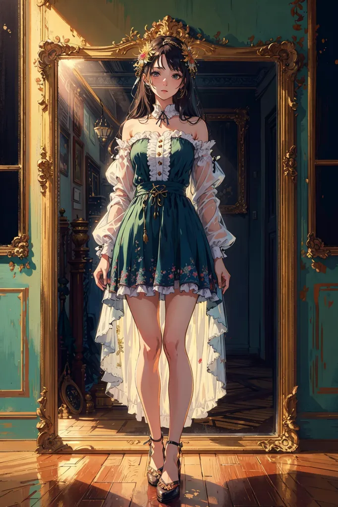 The image is of a beautiful young woman with long black hair and brown eyes. She is wearing a green dress with a white camisole and a long skirt. The dress is decorated with floral embroidery. She is also wearing a necklace and a pair of earrings. The woman is standing in front of a mirror, and she is looking at her reflection. The background of the image is a room with a wooden floor and a green wall. There is a door on the left side of the room, and there is a window on the right side. The image is painted in a realistic style, and the colors are vibrant and lifelike.