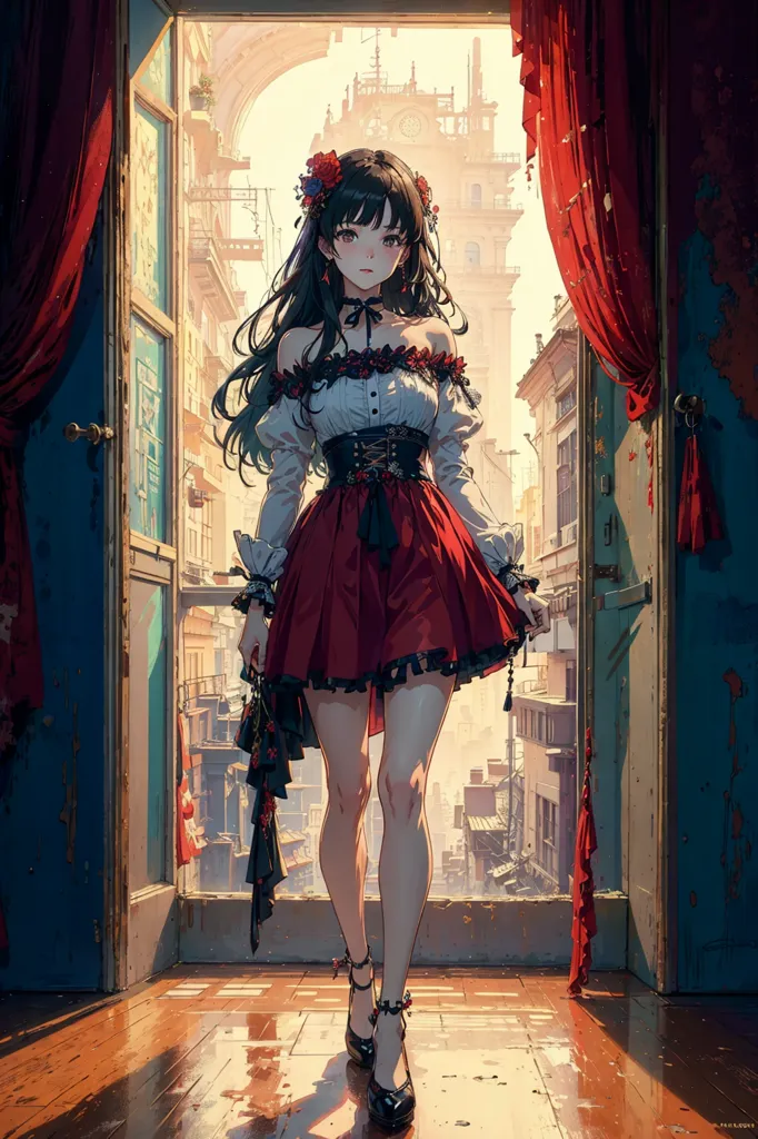 The image is a painting of a young woman standing in a doorway. She is wearing a red and white dress with a black corset. She has long black hair and red eyes. There are red curtains on either side of the doorway. The background is a cityscape with a clock tower in the distance.