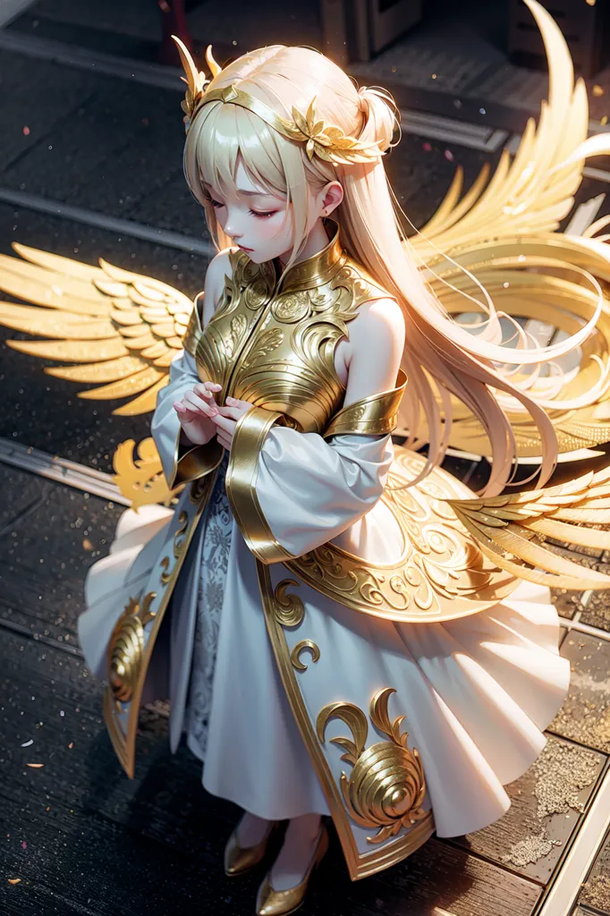 The image depicts a young woman with long blond hair and golden wings kneeling on a stone floor. She wears a white and gold dress with intricate designs and has a circlet on her head. Her eyes are closed, and she has a serene expression on her face. The background is blurry, with hints of light and dark.