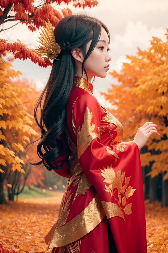 The picture shows a young woman in a red and gold hanfu standing in a forest. The hanfu has a pattern of golden phoenixes and flowers. The woman has long black hair and a golden headpiece with a phoenix. The background is a blurred forest with red and yellow leaves.