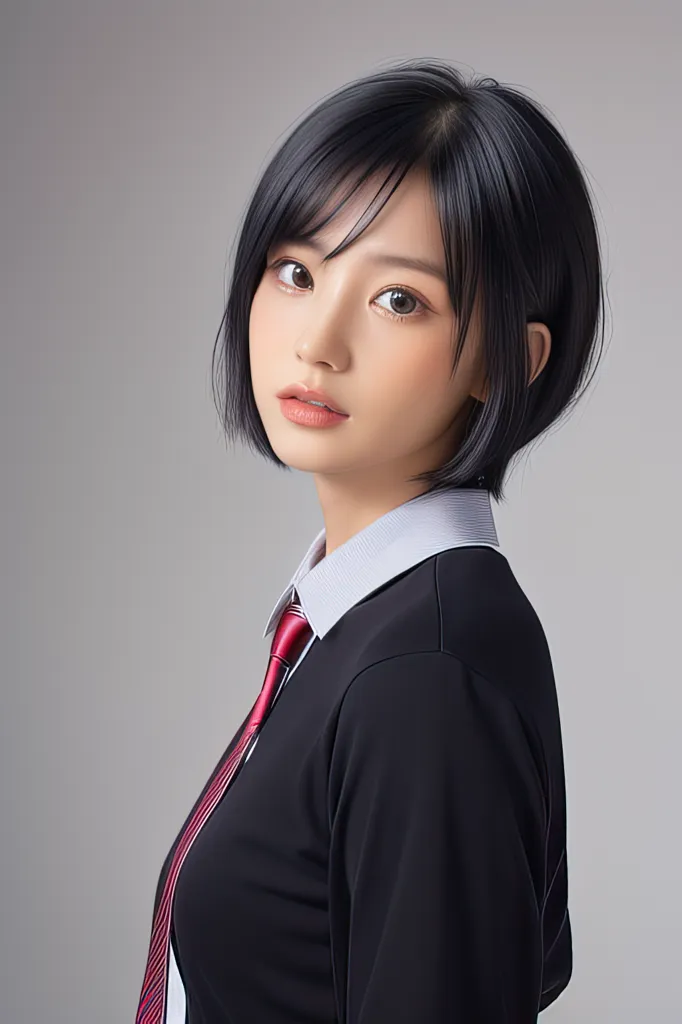 The image shows a young woman with short black hair and brown eyes. She is wearing a white shirt, a red tie, and a black blazer. She is looking at the viewer with a slightly tersenyum expression. Her hair is cut in a bob with bangs that frame her face. She is wearing light makeup and her lips are a soft pink color. She has a beauty mark on her right cheek.