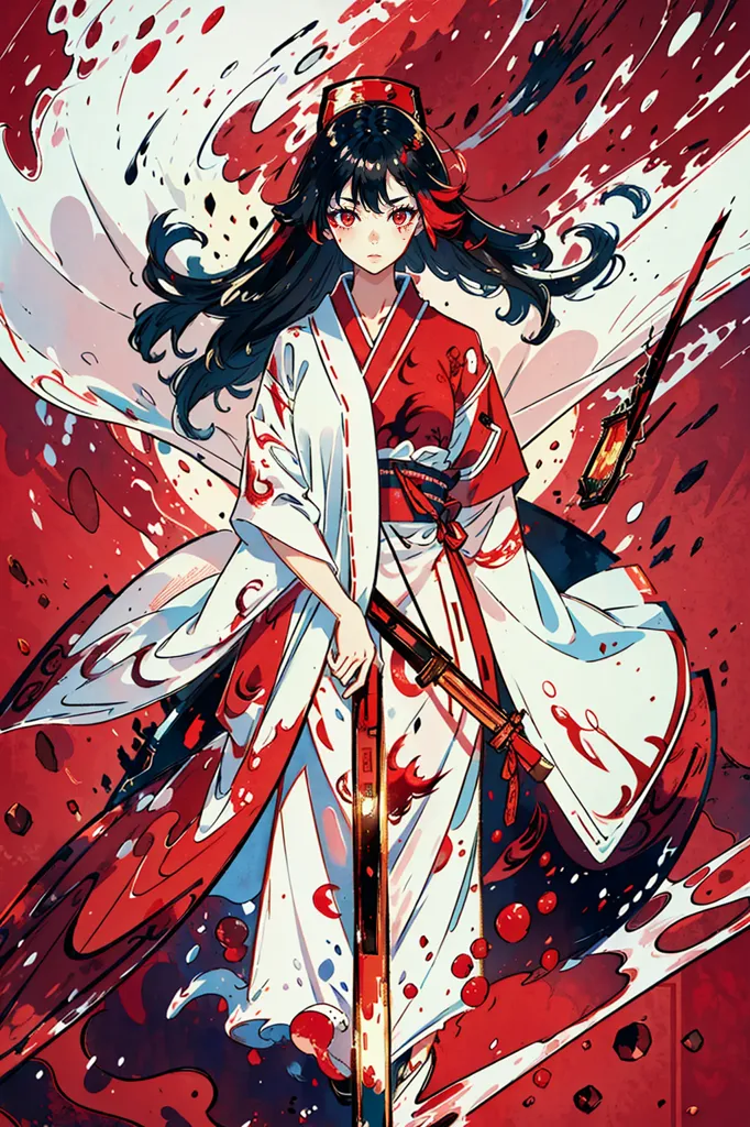 A imagem é uma pintura de uma jovem mulher em um quimono vermelho e branco. Ela tem cabelos pretos longos e olhos vermelhos. Ela está segurando uma katana em sua mão direita. O fundo é um padrão esvoaçante vermelho e branco.