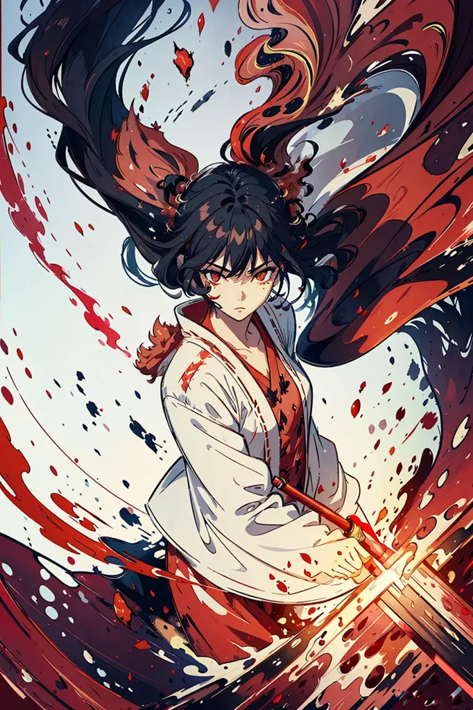 L'image est une peinture d'une jeune femme vêtue d'un kimono blanc avec des accents rouges et noirs. Elle se tient dans un champ de fleurs rouges, et il y a un grand dragon rouge derrière elle. La femme tient une épée et a une expression déterminée sur le visage. La peinture est réalisée dans un style réaliste, et les couleurs sont vives et réalistes.