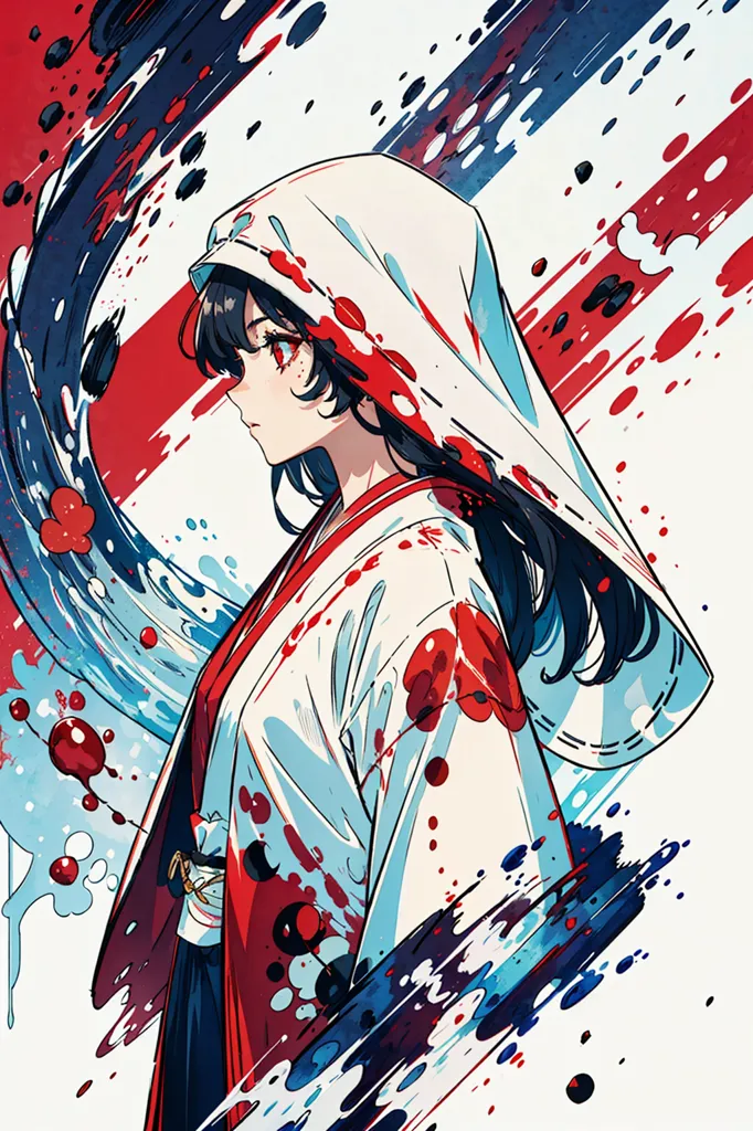 La imagen es un retrato de una mujer joven con un kimono blanco con acentos rojos y azules. Ella está de pie frente a un fondo rojo y azul, y hay salpicaduras de pintura roja y azul a su alrededor. La mujer tiene el cabello negro largo y ojos rojos, y está mirando hacia la derecha del marco. Lleva una pieza de cabello tradicional japonesa y un obi blanco y rojo. La imagen es muy colorida y tiene mucho movimiento, y parece capturar a la mujer en un momento de transición o cambio.