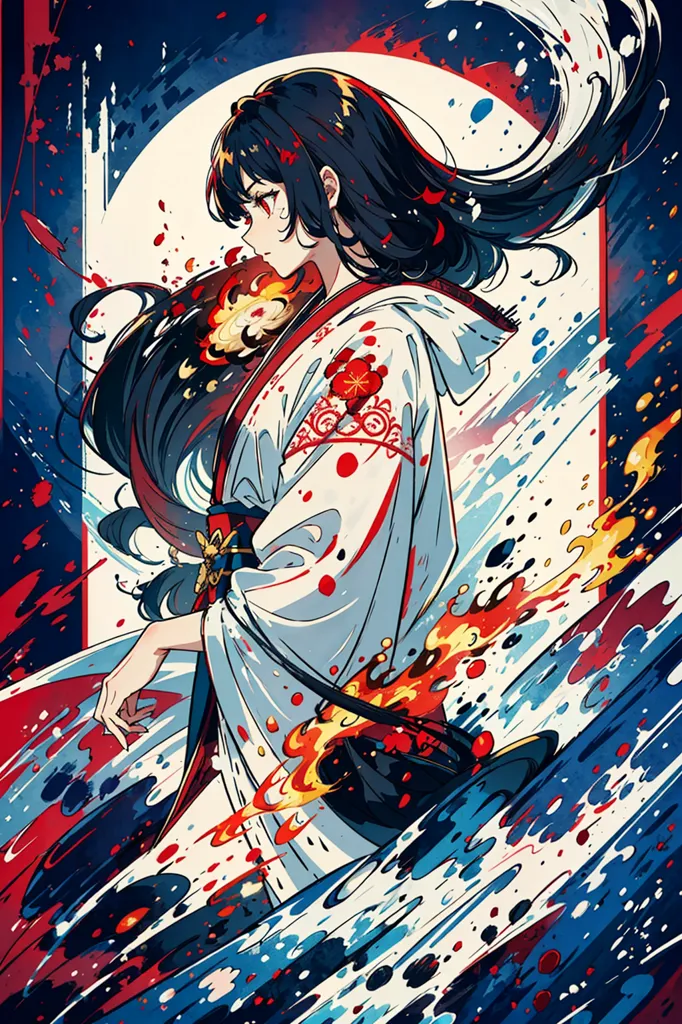 The image is of a woman in a white kimono with long black hair. She is standing in front of a blue and red background with a large moon behind her. The woman is looking to the left of the frame with a serious expression on her face. She has a red flower in her hair and is wearing a sword. The image is in a painterly style with bright colors and fluid brushstrokes.