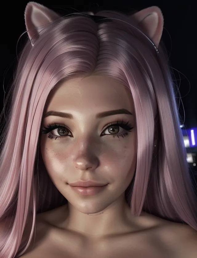 La imagen muestra a una mujer joven con el cabello largo y rosa y orejas de gato. Sus ojos son marrones y su piel es clara. Lleva un collar negro y una blusa corta rosa. Está sentada frente a un fondo oscuro con un paisaje urbano a lo lejos.