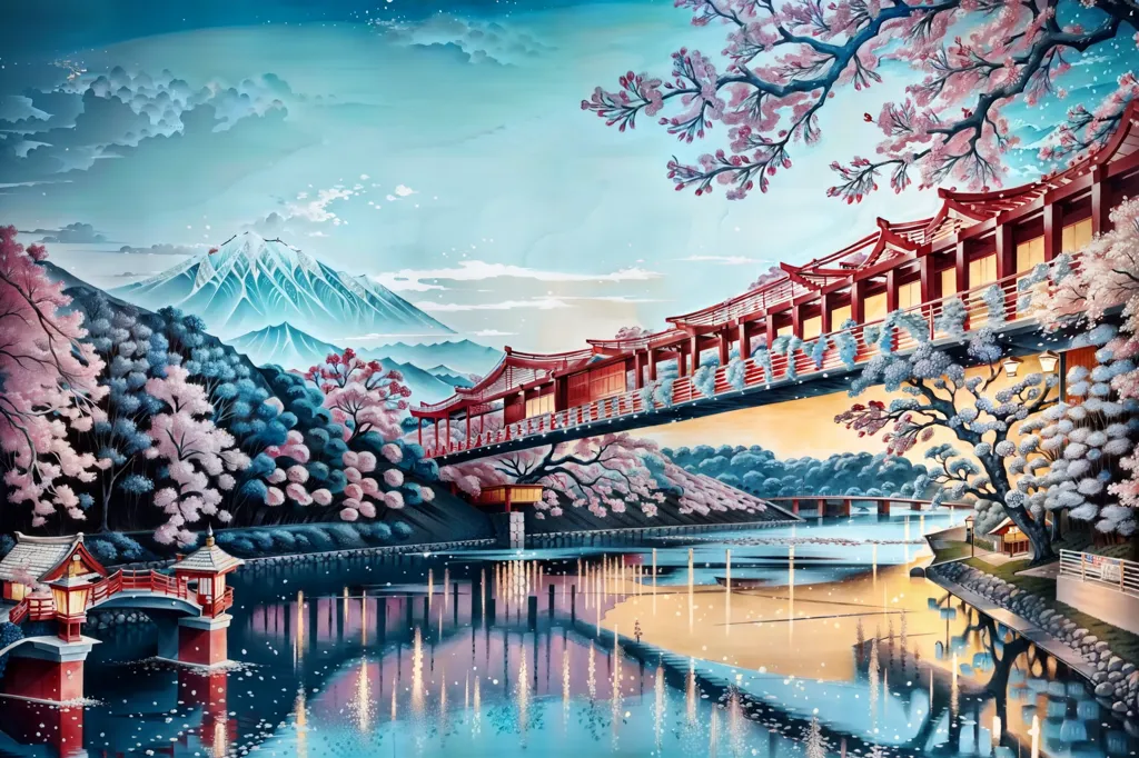 The image is a depiction of a traditional Japanese landscape. It features a red bridge crossing a river, with a snow-capped mountain in the background. The bridge is surrounded by cherry trees in bloom, and there are traditional Japanese houses on the banks of the river. The image is done in a ukiyo-e style, with flat colors and bold outlines.