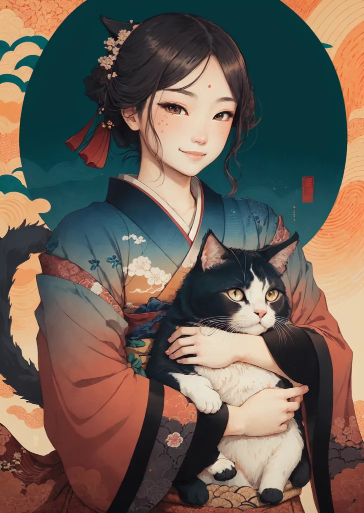 The picture shows a young woman in a kimono with a cat in her arms. The woman has long black hair and brown eyes. She is wearing a blue and orange kimono with white and pink flowers. The cat is black and white and has one paw on the woman's arm. The background is a blue circle with white clouds.