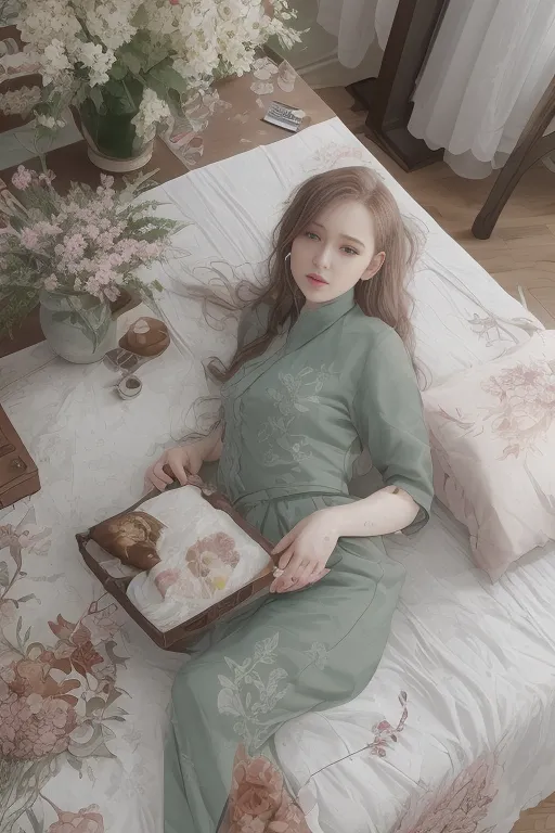 The image shows a young woman in a green dress lying on a bed. The bed is covered in a white and pink floral comforter. There are also several pillows on the bed. The woman is holding a tray with a teapot and two teacups on it. There are also some flowers on the tray. The woman has long brown hair and is wearing a light green dress with white flowers embroidered on it. She is looking at the camera with a serene expression. The background of the image is a wall with a white curtain.