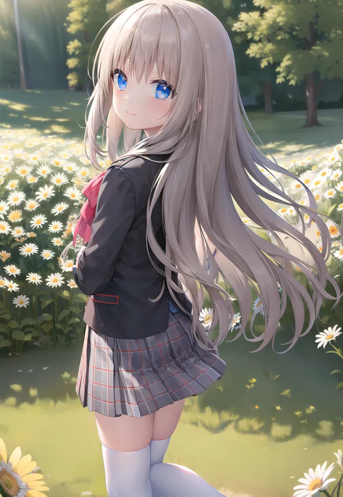 The image shows a young girl with long silver hair and blue eyes. She is wearing a school uniform consisting of a black blazer, a gray pleated skirt, and a red ribbon. She is standing in a field of white and yellow flowers, and she has a shy smile on her face. The background is a blur of green trees and blue sky.