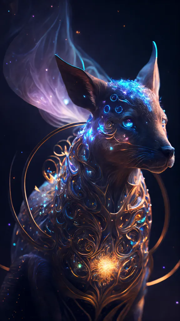 The image is a digital painting of a four-legged creature with a head resembling that of a dog or a horse. The creature is covered in intricate golden armor with glowing blue and green accents. It has a glowing yellow orb on its chest. There is a faint blue glow around the creature, and it is standing in front of a dark blue background with a starry sky.
