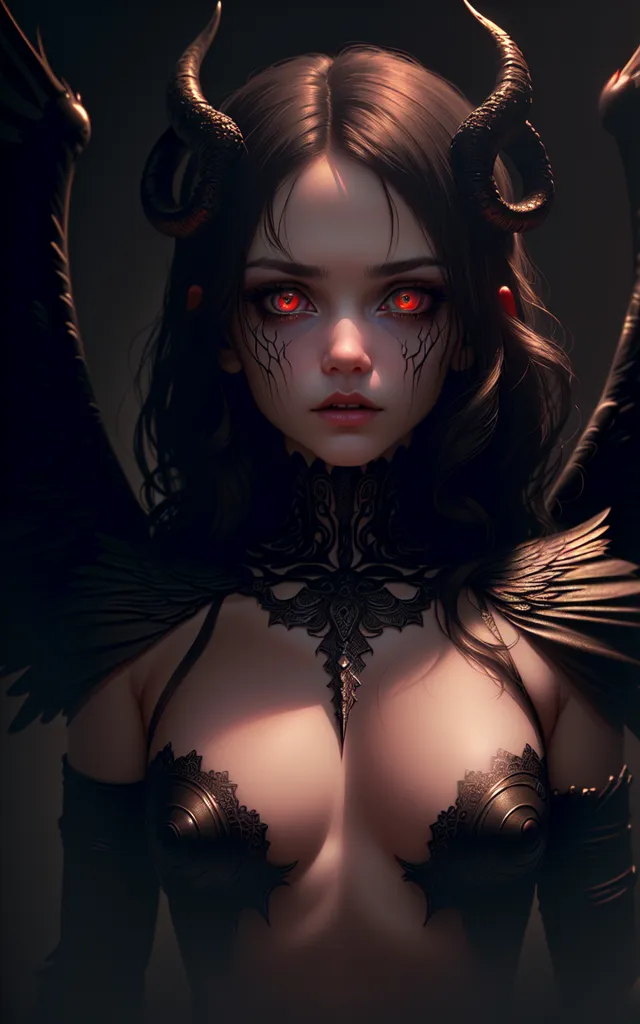 The image is a portrait of a young woman with dark hair and red eyes. She is wearing a black dress with a low neckline and a metal collar. She has horns on her head and wings on her back. Her skin is pale and flawless. She is looking at the viewer with a serious expression. The background is dark and out of focus.