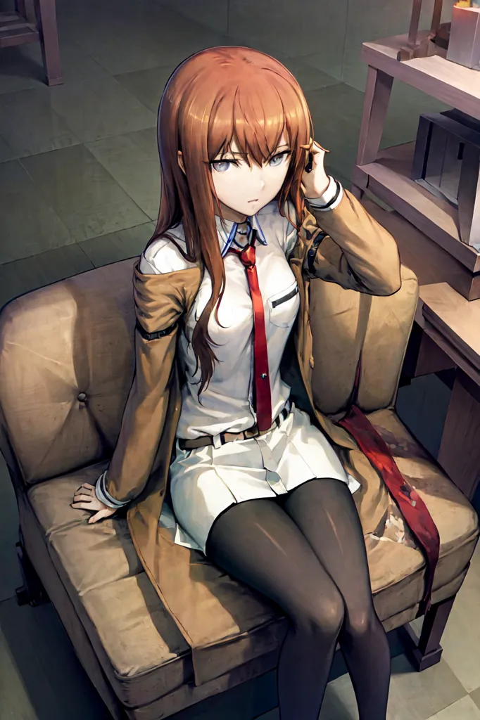 The image shows a young woman with long brown hair and red eyes. She is wearing a white shirt, a red tie, and a brown jacket. She is sitting in a chair with her legs crossed and is talking on the phone. There is a table next to her with a lamp on it. The background is a blur of brown and gray.