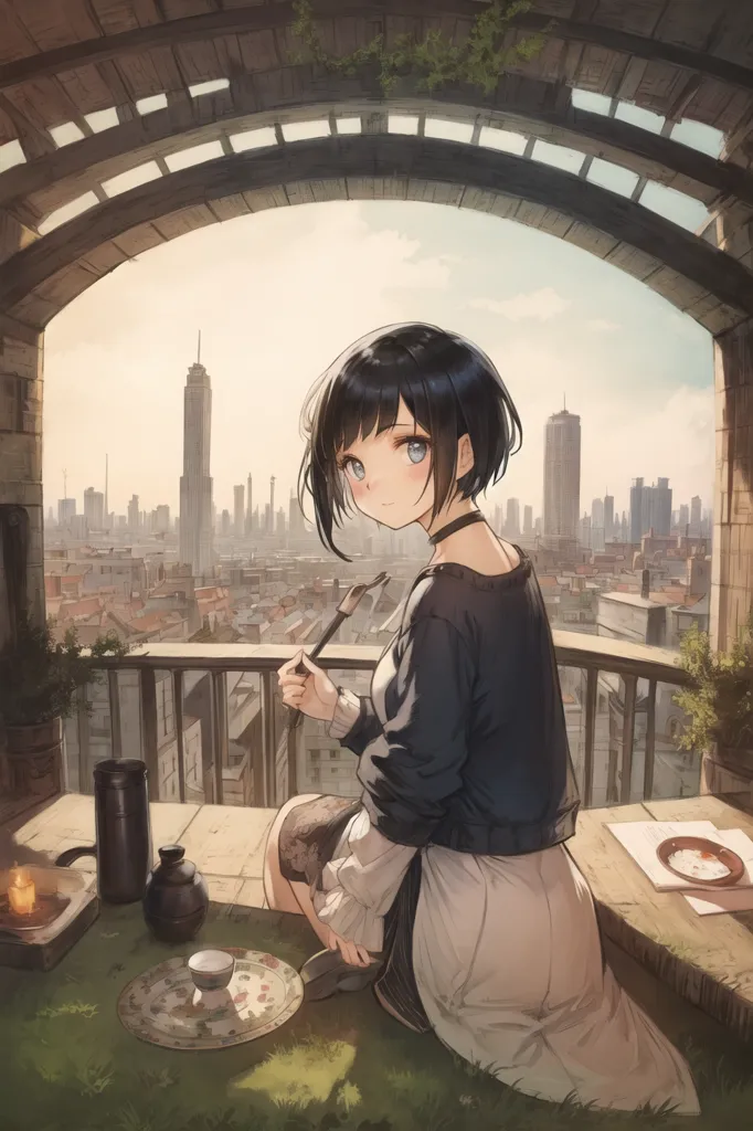 A girl with short black hair and blue eyes is sitting on a balcony. She is wearing a black sweater and a white skirt. She is holding a paintbrush and a cup of tea. There is a plate of food on the table in front of her. The background is a cityscape.