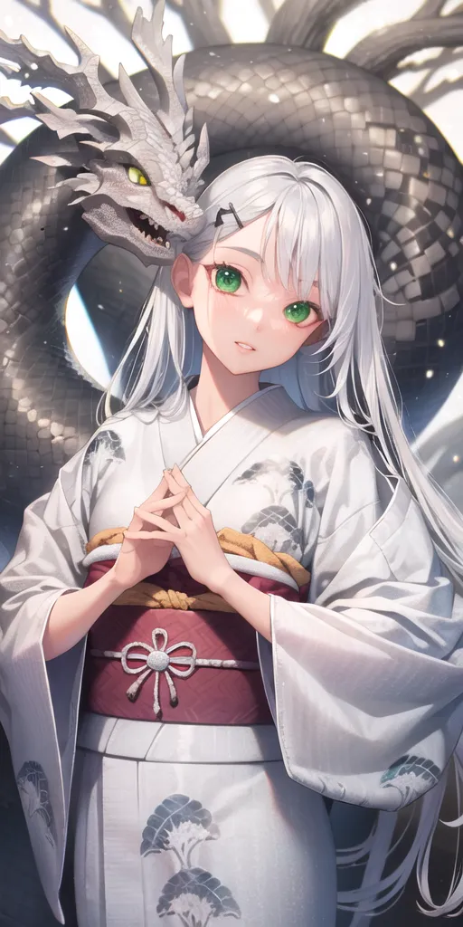 The image is a portrait of a young woman with long white hair and green eyes. She is wearing a traditional Japanese kimono with a red obi sash. The woman is standing in front of a white background with a large, gray dragon coiled behind her. The dragon has its head resting on the woman's shoulder and is looking at her with a gentle expression. The woman has a serene expression on her face and appears to be enjoying the dragon's company.