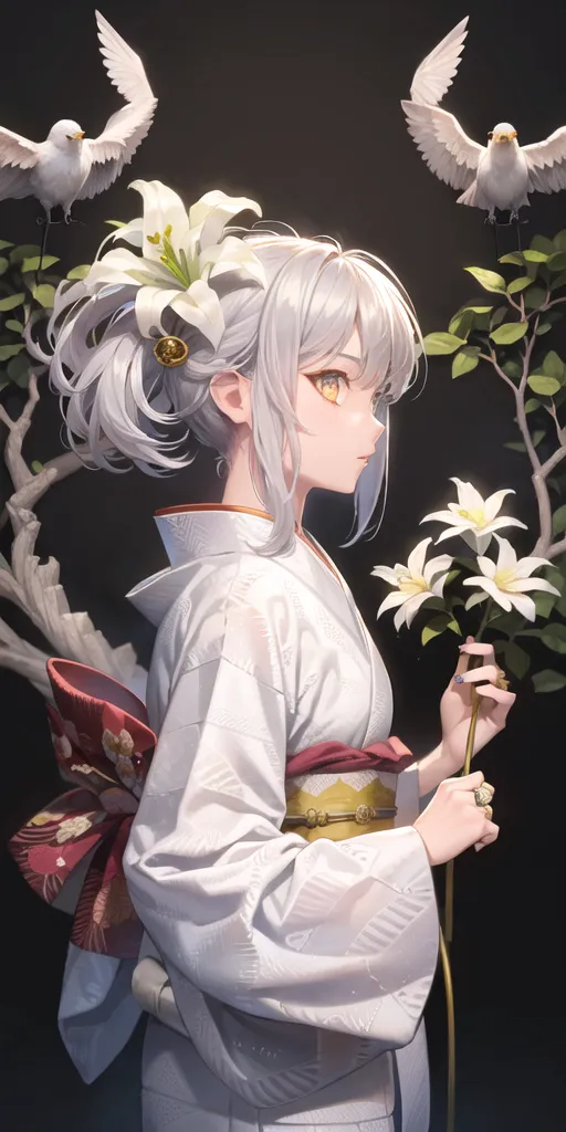 The image is a portrait of a young woman in a white kimono with long white hair and yellow eyes. She is standing in front of a dark background with a branch of white lilies in her hand. A white dove is perched on the branch. The woman is wearing a red and gold obi and has a gold hairpin in her hair. Her expression is serene and peaceful.