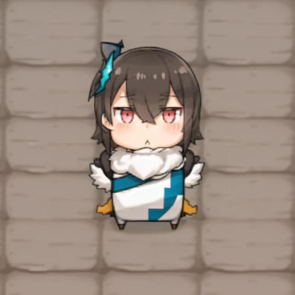 The image is of a chibi character with brown hair and red eyes. She is wearing a white and blue outfit with a penguin-like hood. She has a small blush on her cheeks and is looking at the viewer with an annoyed expression. She is standing in a room with stone walls and a tiled floor.