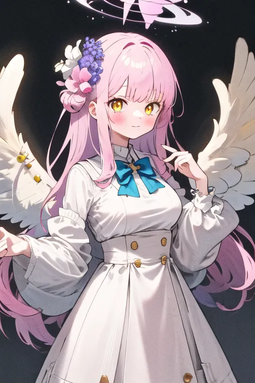 L'image montre une jeune fille de style anime aux longs cheveux roses et aux yeux jaunes. Elle porte une robe blanche avec un nœud bleu et a des ailes blanches. Elle sourit et a une auréole au-dessus de la tête. Il y a aussi de petites créatures ressemblant à des abeilles qui volent autour d'elle.