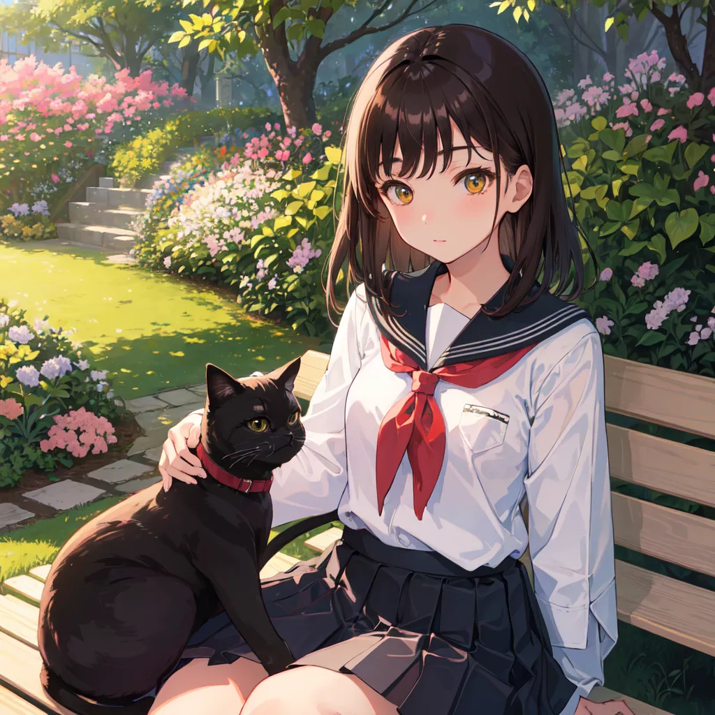 L'image montre une jeune fille aux longs cheveux bruns et aux yeux jaunes. Elle porte une chemise blanche avec une écharpe rouge, une jupe noire, et un chat noir est assis sur ses genoux. La fille est assise sur un banc dans un parc. Il y a des fleurs et des arbres en arrière-plan. Le soleil brille à travers les arbres. La fille a un sourire doux sur le visage. Elle regarde le chat. Le chat est noir avec des yeux jaunes. Il a un collier rouge avec une clochette. Le chat la regarde avec une expression curieuse.