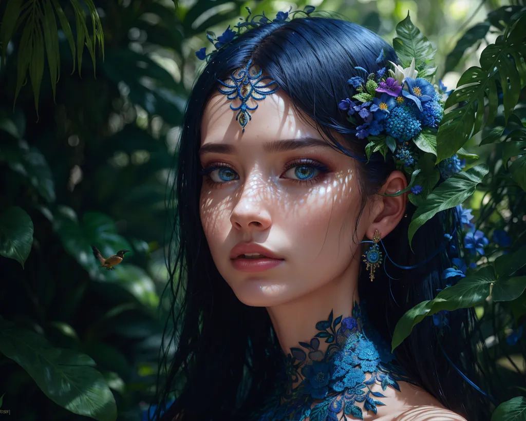 This image shows a beautiful woman with blue skin and long, dark hair. She is wearing a circlet of blue flowers and leaves in her hair and a necklace made of the same flowers and leaves. The woman's eyes are blue and her lips are slightly parted. She is standing in a forest, and there is a hummingbird flying near her head. The background of the image is blurry, but it looks like there are more trees in the distance.