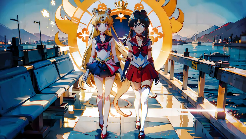 The image is of two young women, one with long blonde hair and the other with long dark hair. They are both wearing sailor suits and have their hair up in buns. They are standing on a pier with a large clock in the background. There are buildings and mountains in the distance. The water in the marina is calm. The sky is blue and there are some clouds. The overall tone of the image is peaceful and serene.