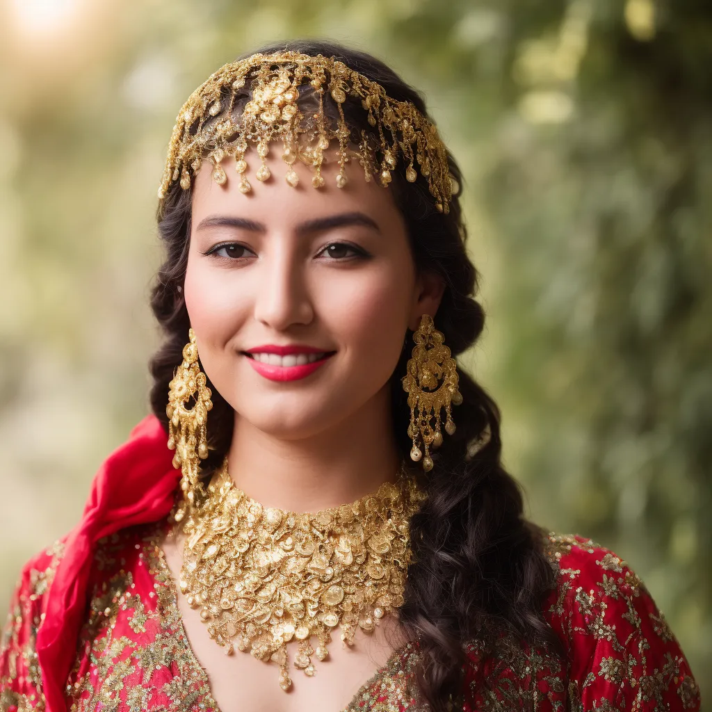 La imagen muestra a una mujer joven con el cabello negro y largo y ojos marrones. Lleva un vestido rojo con bordados dorados y un collar, pendientes y tocado dorados. El fondo está desenfocado, pero parece que está de pie en un jardín. La mujer está sonriendo y parece feliz.