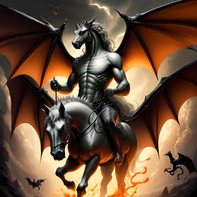 The image shows a muscular man with grey skin and long white hair. He has black bat-like wings and is riding a grey horse. The man is wearing a black leather vest and pants. He is holding the reins of the horse with one hand and a sword in the other hand. The horse is rearing up on its hind legs and is surrounded by flames. There are two small dragons flying in the background. The background is a dark sky with clouds.