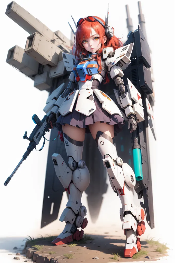 The image is of a young woman with long red hair and orange eyes. She is wearing a white and gray bodysuit and a short skirt. She is also wearing a pair of boots and a pair of gloves. She is standing in front of a large white and gray mech. The mech has a large gun on its right arm and a smaller gun on its left arm. The woman is holding a gun in her right hand. She is looking at the viewer with a serious expression on her face.