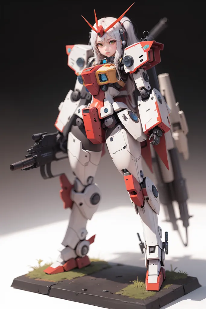 The image is of a mecha girl, which is a fictional robot or vehicle that is typically piloted by a human. This particular mecha girl has long white hair, red eyes, and is wearing a white and red bodysuit. She is also armed with a large gun and a shield. The mecha girl is standing on a small patch of grass, and there is a building in the background. The image is drawn in a realistic style, and the mecha girl is very detailed.