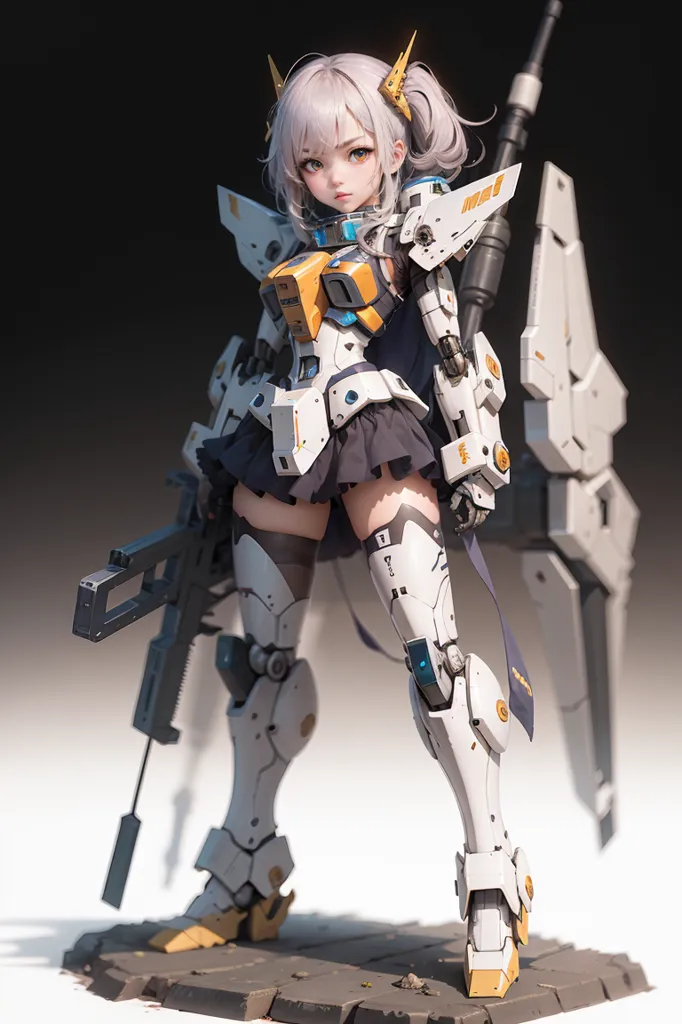 The image is a painting of a young girl in a white and yellow mech suit. She is standing with her left leg forward and her right leg back, holding a gun in her right hand and a shield in her left hand. She has white hair and blue eyes, and she is wearing a black skirt and a white shirt. The mech suit is white and yellow, with orange highlights. The background is a dark grey.