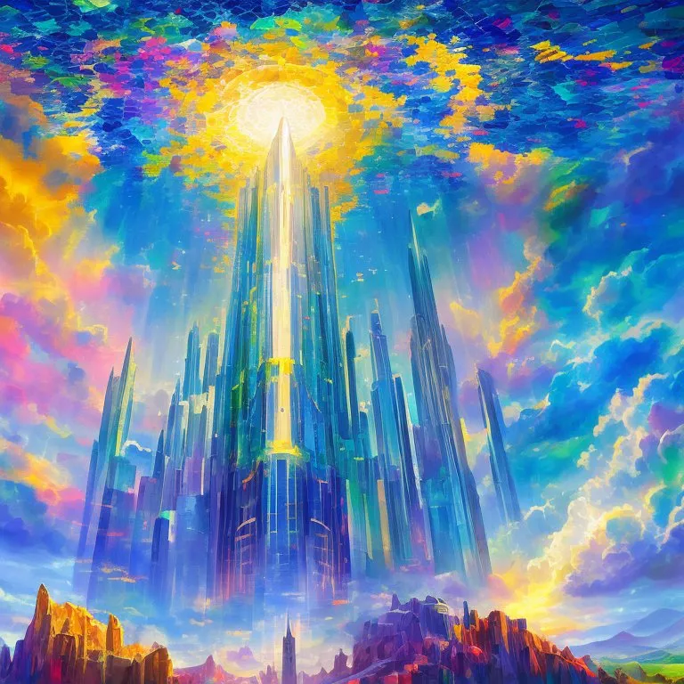 The image is a painting of a city in the sky. The city is made up of tall, blue buildings with spires and towers. The sky is a bright, light blue color with white clouds. There is a large, glowing white light in the center of the city. The light is surrounded by a rainbow of colors. The painting is very colorful and has a lot of detail.