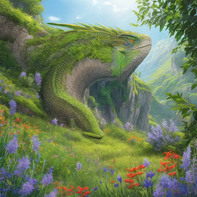 The image is a digital painting of a green dragon lying in a field of flowers. The dragon is long and serpentine, with a thick body and a long tail. It has green scales and a yellow belly, and its wings are folded against its back. The dragon's head is long and narrow, with a pointed snout and sharp teeth and its eyes are closed.

The dragon is lying in a field of flowers, surrounded by tall grass and wildflowers. The flowers are mostly purple, pink, and blue, and they are in full bloom. The grass is green and lush, and it is clear that the dragon has been lying there for some time.

The background of the image is a mountain range, with the peaks covered in snow. The mountains are in the distance, and they are not as tall as the dragon. The sky is a clear blue, and there are no clouds in the sky.

The image is a peaceful and serene depiction of a dragon. The dragon is not threatening, and it is clear that it is at peace with its surroundings. The image is also a reminder of the beauty of nature, and the importance of protecting it.