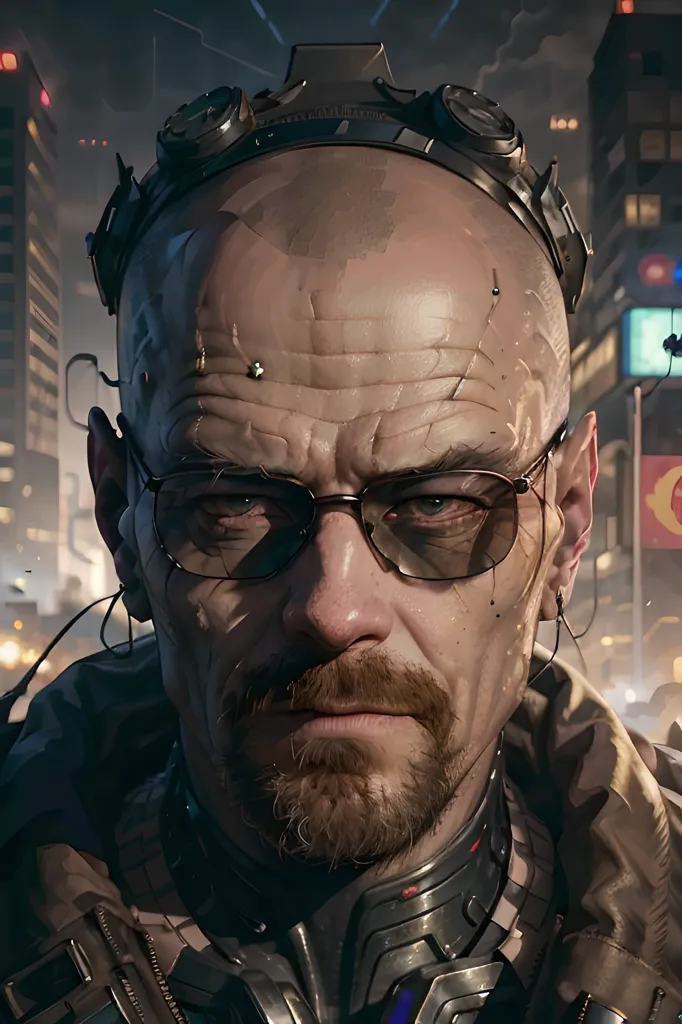 This is a portrait of a man who appears to be in his late 40s or early 50s. He is bald and has a beard. He is wearing glasses, a black leather jacket, and a strange device on his head. The background is a city at night. There are a lot of lights and buildings in the background. The man has a serious expression on his face.